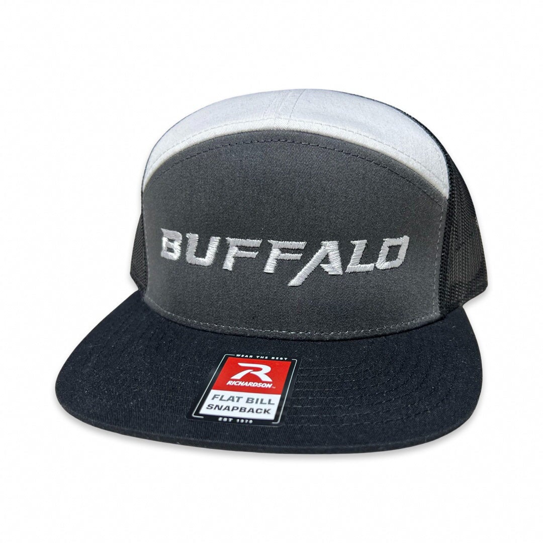 Buffalo Signature 168 7 Panel Trucker Hat HAT Buffalo Boards Black Bill / White Top / Black Mesh 
