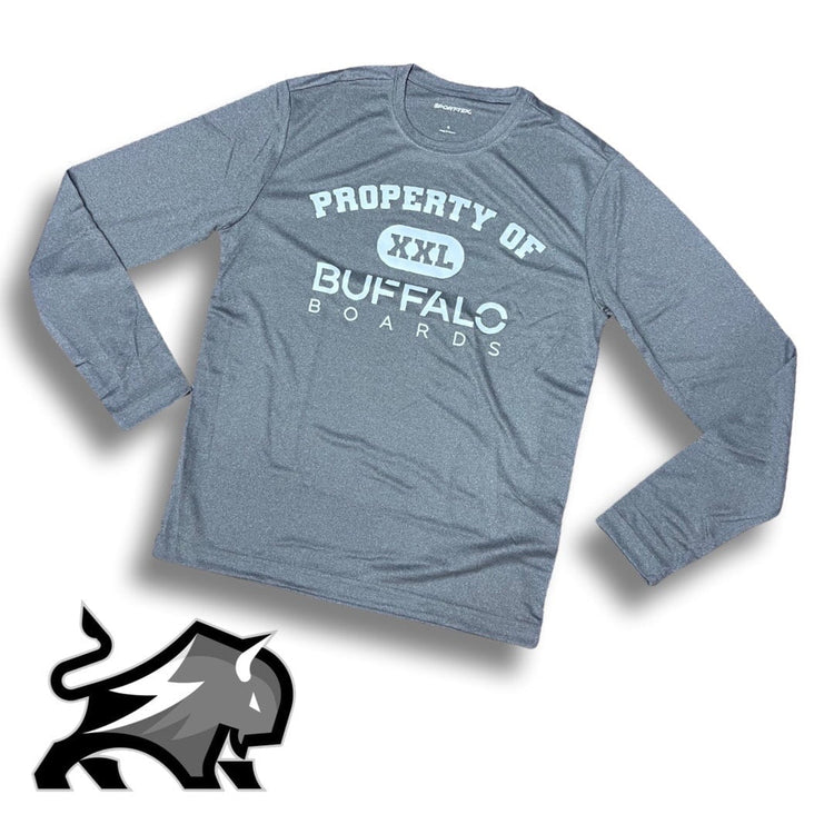 FREE SHIPPING - SPORT-TEK POSI CHARGE 100% POLYESTER RACER LONGSLEEVE TEE T-SHIRT Buffalo Boards SILVER Small 