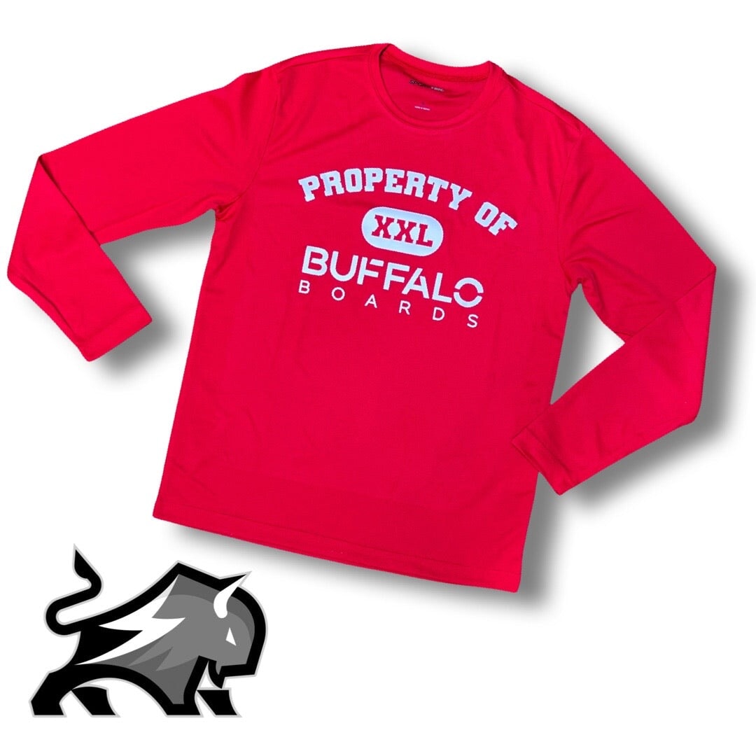 FREE SHIPPING - SPORT-TEK POSI CHARGE 100% POLYESTER RACER LONGSLEEVE TEE T-SHIRT Buffalo Boards TRUE RED Small 